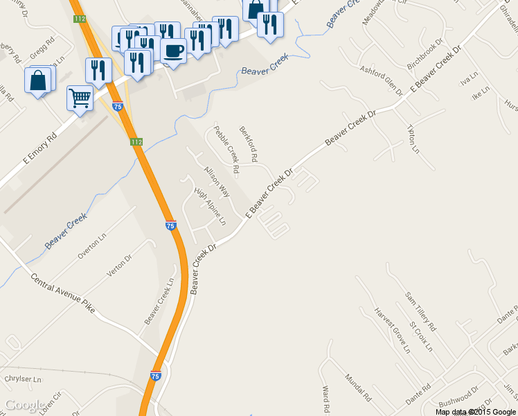 map of restaurants, bars, coffee shops, grocery stores, and more near 7098 Leopard Way in Knoxville