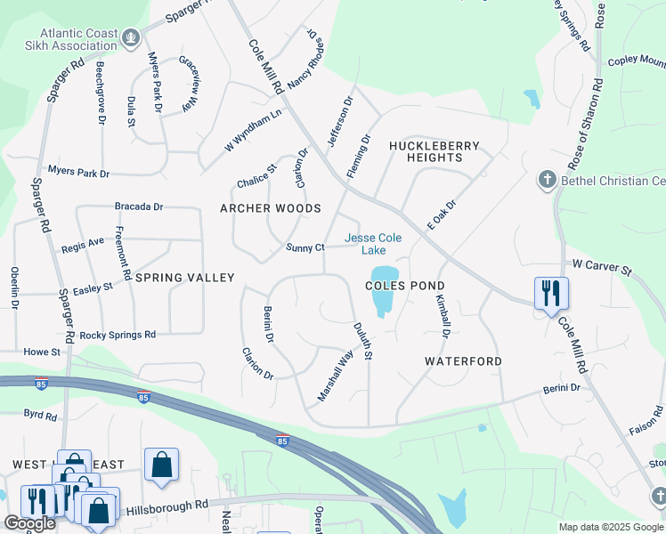 map of restaurants, bars, coffee shops, grocery stores, and more near 4812 Berini Drive in Durham