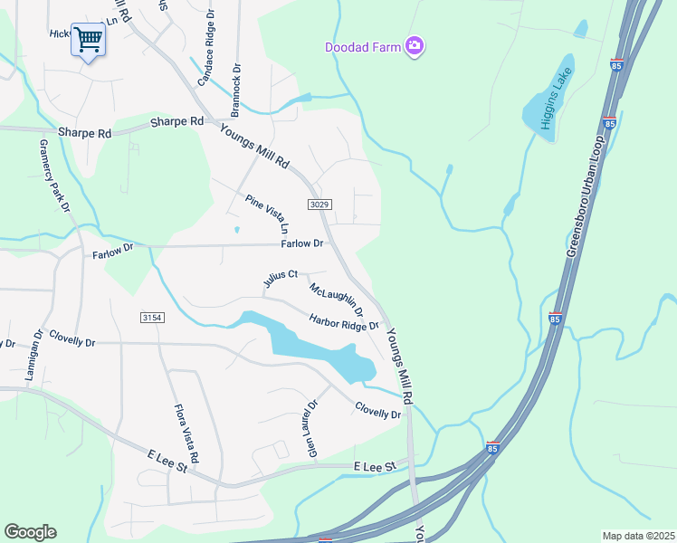 map of restaurants, bars, coffee shops, grocery stores, and more near 4276 Julius Court in Greensboro