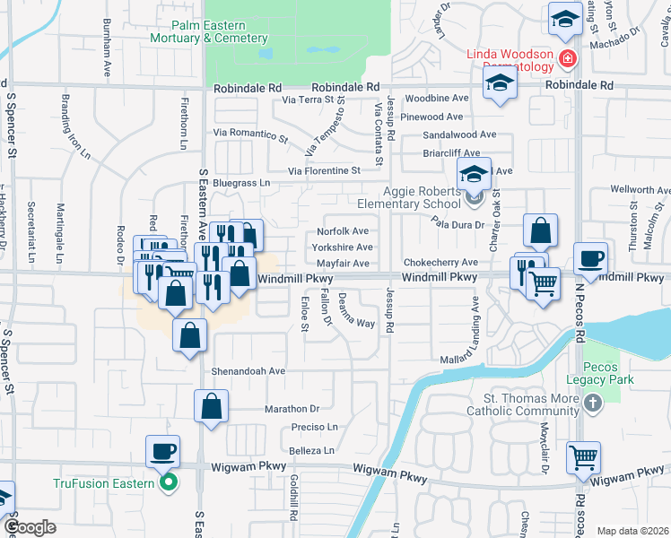 map of restaurants, bars, coffee shops, grocery stores, and more near 2823 Mayfair Avenue in Henderson