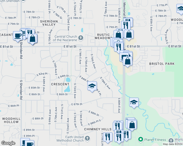 map of restaurants, bars, coffee shops, grocery stores, and more near 7511 East 83rd Place in Tulsa