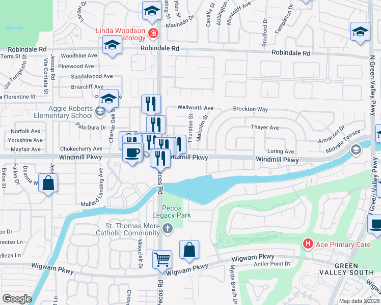 map of restaurants, bars, coffee shops, grocery stores, and more near 2567 Windmill Parkway in Henderson