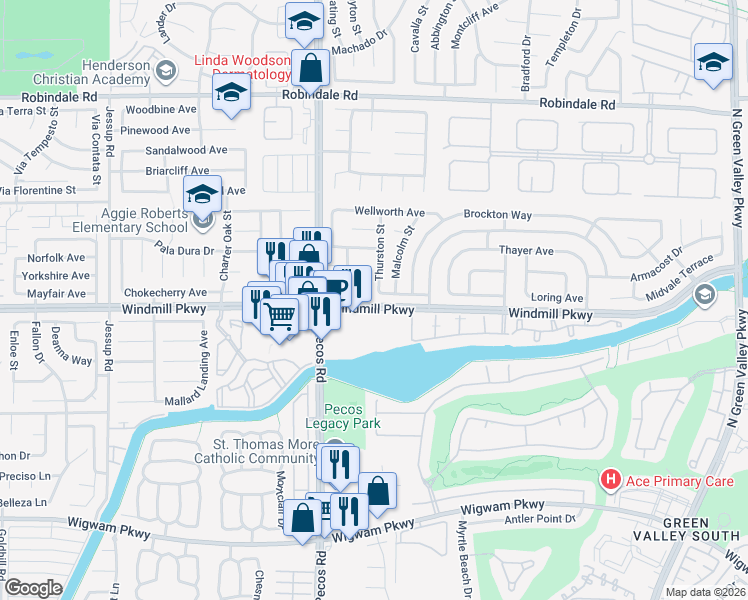 map of restaurants, bars, coffee shops, grocery stores, and more near 2523 Stanwood Avenue in Henderson
