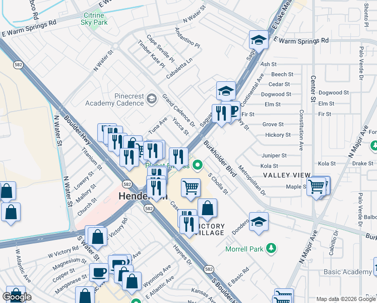 map of restaurants, bars, coffee shops, grocery stores, and more near 2 South Cholla Street in Henderson