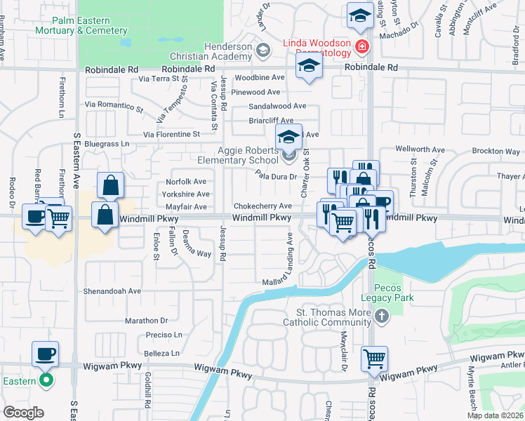 map of restaurants, bars, coffee shops, grocery stores, and more near 2716 Coventry Green Avenue in Henderson