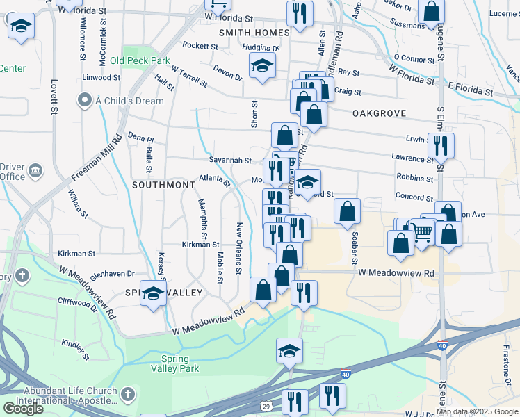 map of restaurants, bars, coffee shops, grocery stores, and more near 2311 Columbus Street in Greensboro