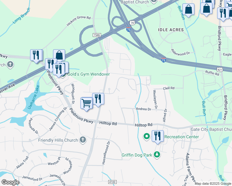 map of restaurants, bars, coffee shops, grocery stores, and more near 2018 Shimer Drive in Jamestown