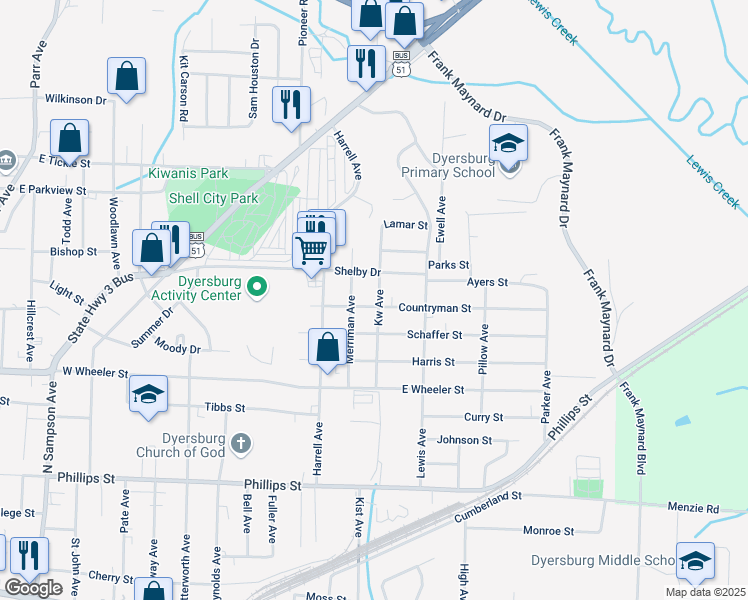 map of restaurants, bars, coffee shops, grocery stores, and more near 1601 Countryman Street in Dyersburg