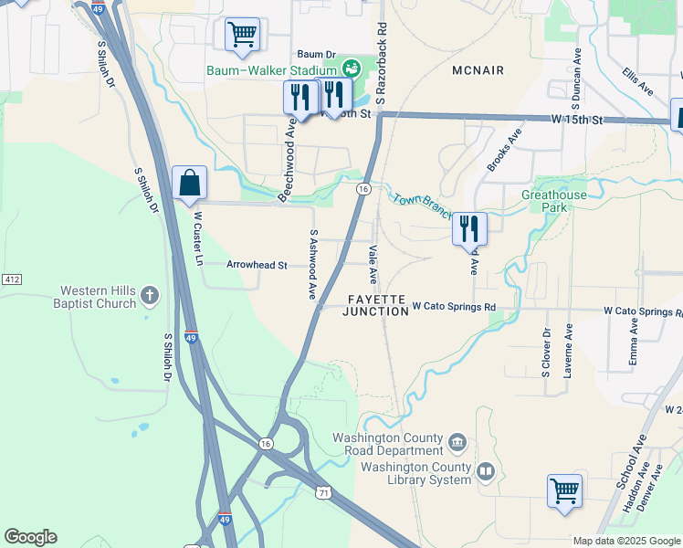 map of restaurants, bars, coffee shops, grocery stores, and more near 1438 West Cato Springs Road in Fayetteville