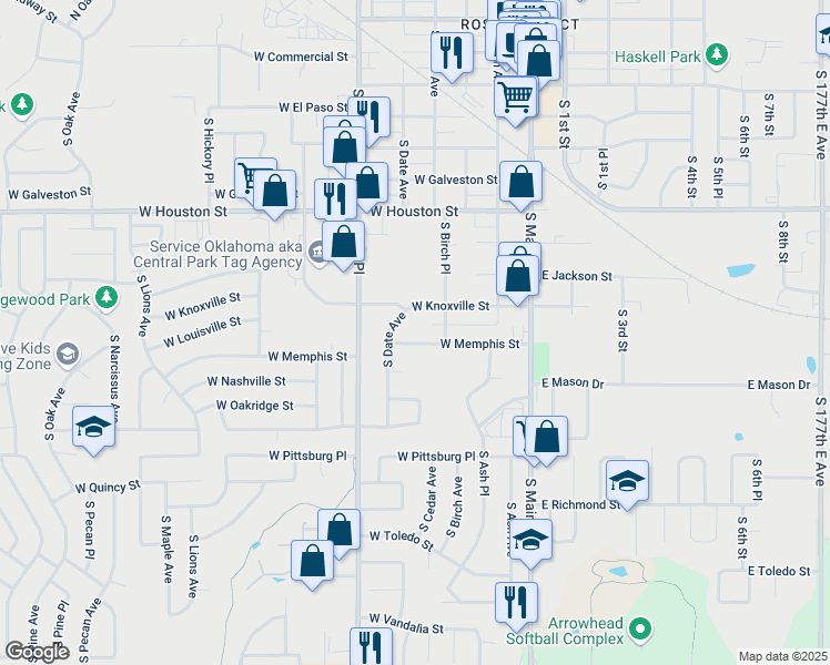 map of restaurants, bars, coffee shops, grocery stores, and more near 1101 South Date Avenue in Broken Arrow