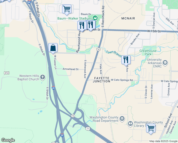map of restaurants, bars, coffee shops, grocery stores, and more near 1983 South Razorback Road in Fayetteville