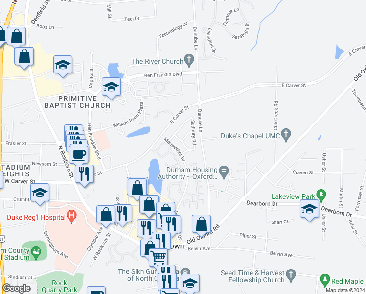 map of restaurants, bars, coffee shops, grocery stores, and more near 4005 Brambury Crossing in Durham