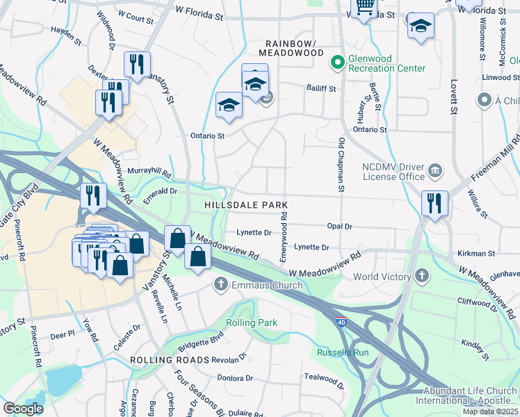 map of restaurants, bars, coffee shops, grocery stores, and more near 2210 Woodberry Drive in Greensboro