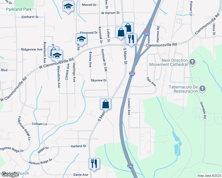 map of restaurants, bars, coffee shops, grocery stores, and more near 3765 Konnoak Drive Southwest in Winston-Salem