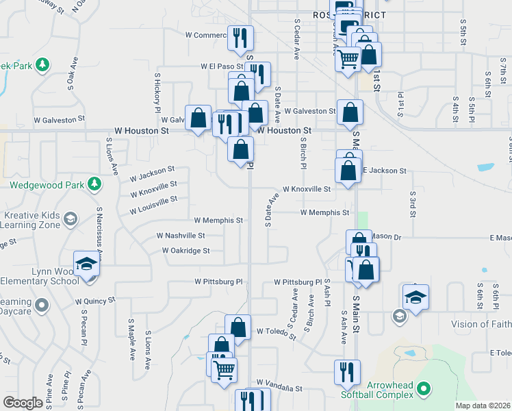 map of restaurants, bars, coffee shops, grocery stores, and more near 1109 South 161st East Avenue in Broken Arrow