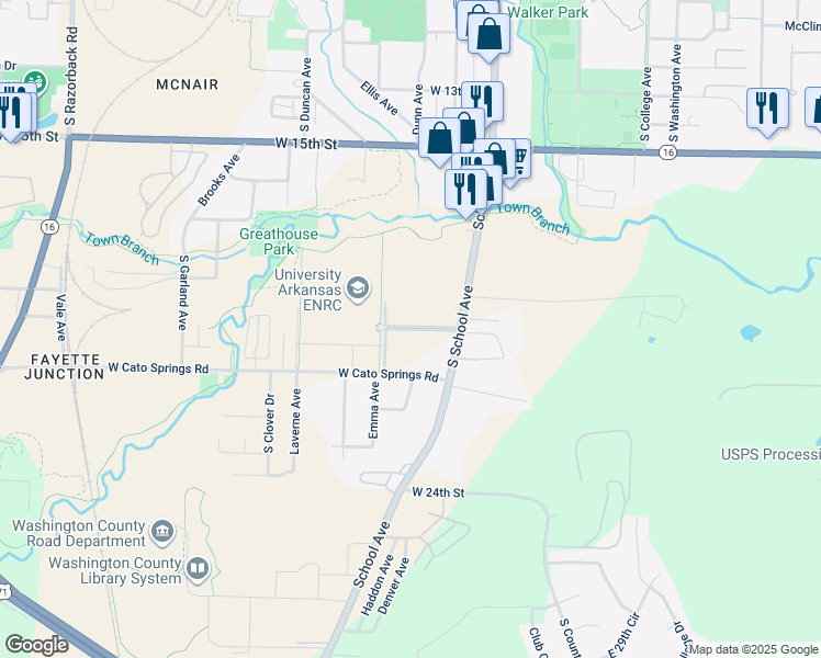 map of restaurants, bars, coffee shops, grocery stores, and more near 535 West Research Center Boulevard in Fayetteville