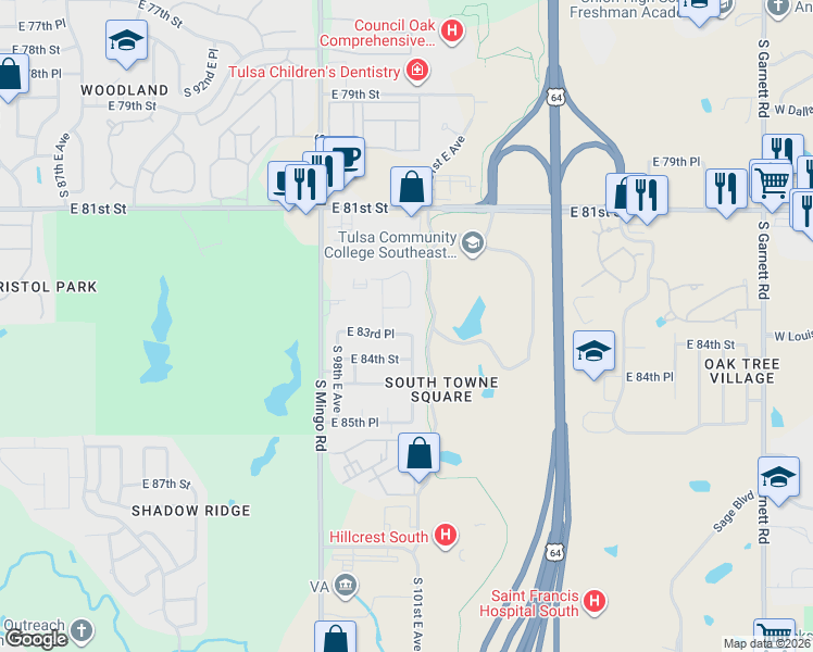 map of restaurants, bars, coffee shops, grocery stores, and more near 10018 East 83rd Place in Tulsa