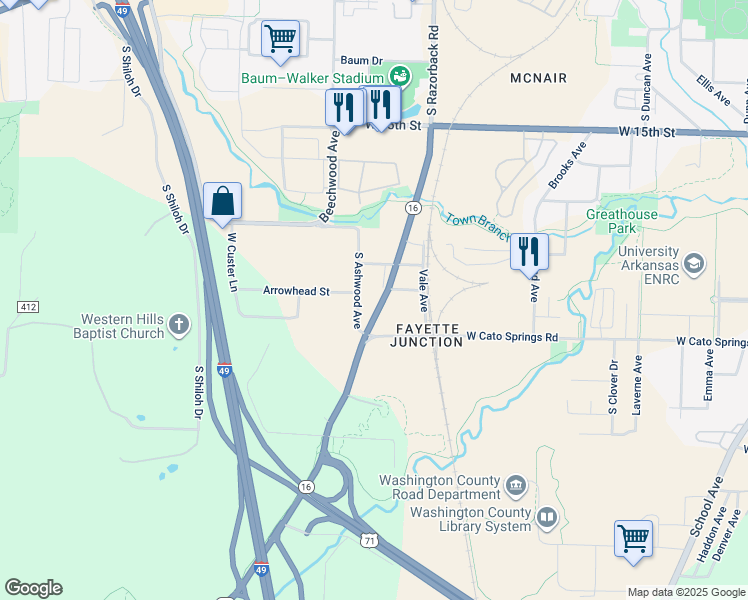map of restaurants, bars, coffee shops, grocery stores, and more near 1983 South Razorback Road in Fayetteville