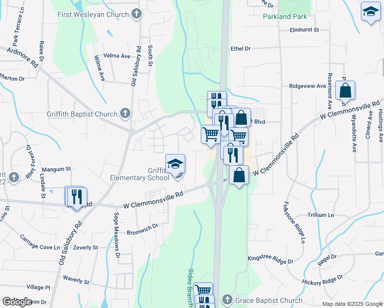 map of restaurants, bars, coffee shops, grocery stores, and more near 3500 Berchfield Drive in Winston-Salem