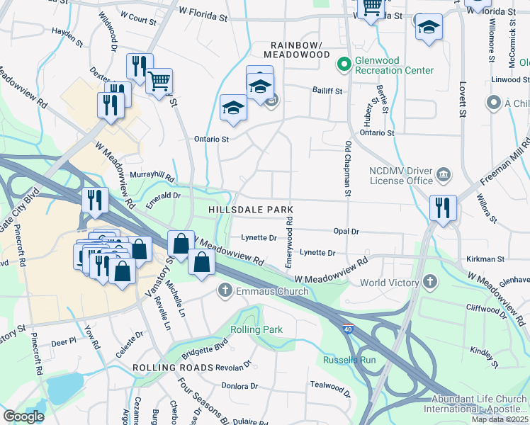 map of restaurants, bars, coffee shops, grocery stores, and more near 2210 Woodberry Drive in Greensboro