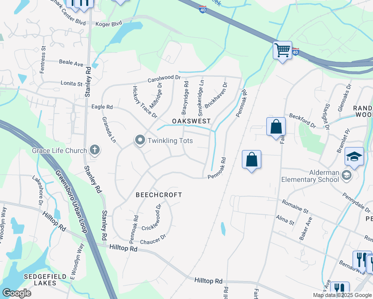 map of restaurants, bars, coffee shops, grocery stores, and more near 2209 Bracyridge Road in Greensboro