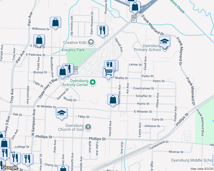 map of restaurants, bars, coffee shops, grocery stores, and more near 911 Harrell Avenue in Dyersburg