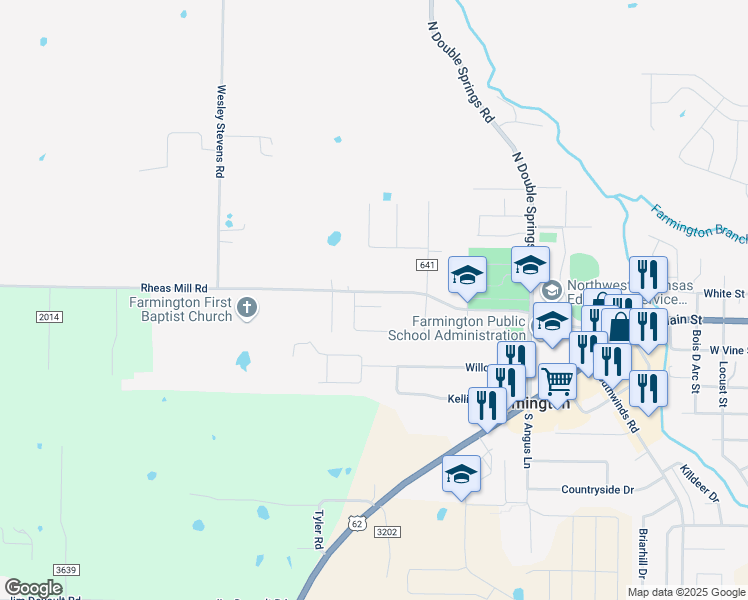 map of restaurants, bars, coffee shops, grocery stores, and more near 415 Rheas Mill Road in Farmington