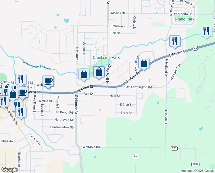 map of restaurants, bars, coffee shops, grocery stores, and more near E Main St & N Broyles St in Farmington