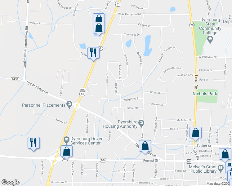map of restaurants, bars, coffee shops, grocery stores, and more near 920 Dean Drive in Dyersburg