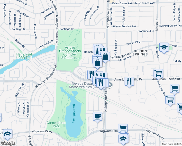 map of restaurants, bars, coffee shops, grocery stores, and more near 210 Quest Park Street in Henderson