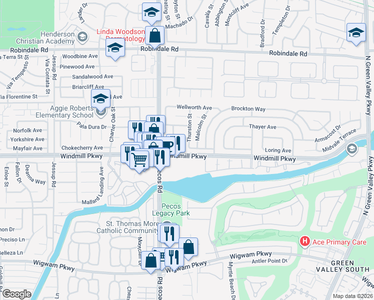 map of restaurants, bars, coffee shops, grocery stores, and more near 2523 Stanwood Avenue in Henderson