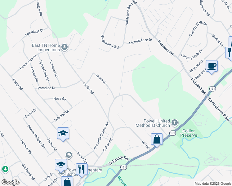 map of restaurants, bars, coffee shops, grocery stores, and more near 901 Granville Conner Road in Powell
