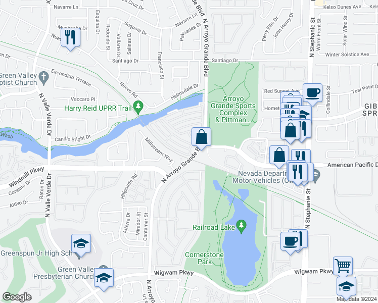 map of restaurants, bars, coffee shops, grocery stores, and more near 1601 Aspen Meadows Drive in Henderson