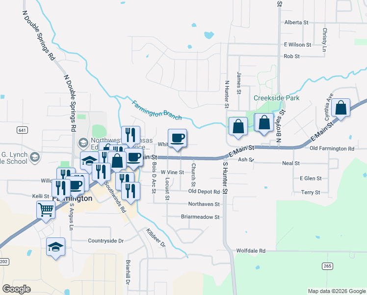 map of restaurants, bars, coffee shops, grocery stores, and more near 4 South Cherry Street in Farmington