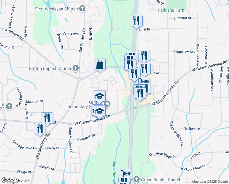 map of restaurants, bars, coffee shops, grocery stores, and more near 3500 Berchfield Drive in Winston-Salem