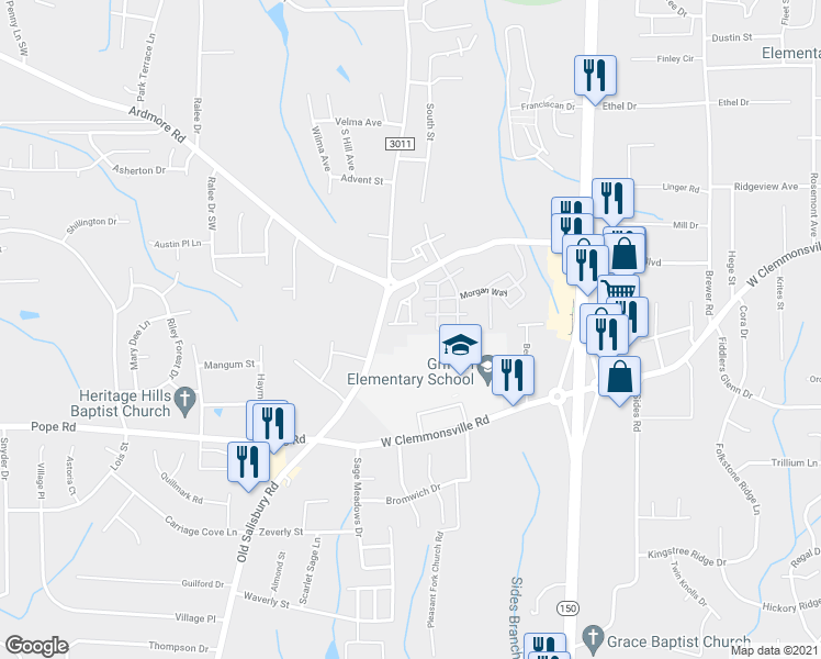 map of restaurants, bars, coffee shops, grocery stores, and more near 2067 Salisbury Square in Winston-Salem