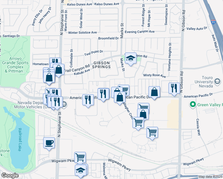 map of restaurants, bars, coffee shops, grocery stores, and more near 194 Twin Creek in Henderson