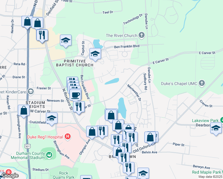 map of restaurants, bars, coffee shops, grocery stores, and more near 321 East Carver Street in Durham