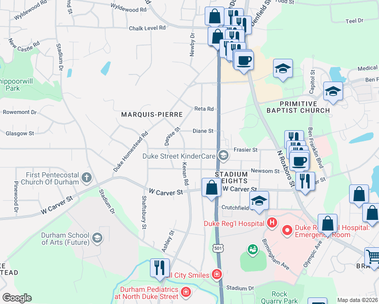 map of restaurants, bars, coffee shops, grocery stores, and more near 3103 Kenan Road in Durham