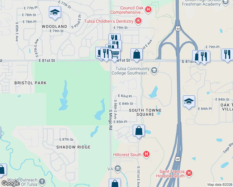 map of restaurants, bars, coffee shops, grocery stores, and more near 8338 South 98th East Avenue in Tulsa