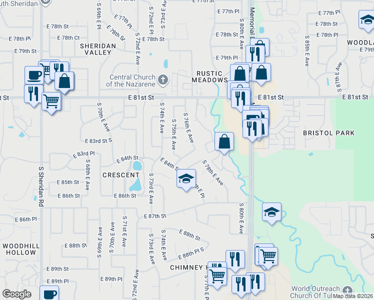 map of restaurants, bars, coffee shops, grocery stores, and more near 7508 East 83rd Place in Tulsa