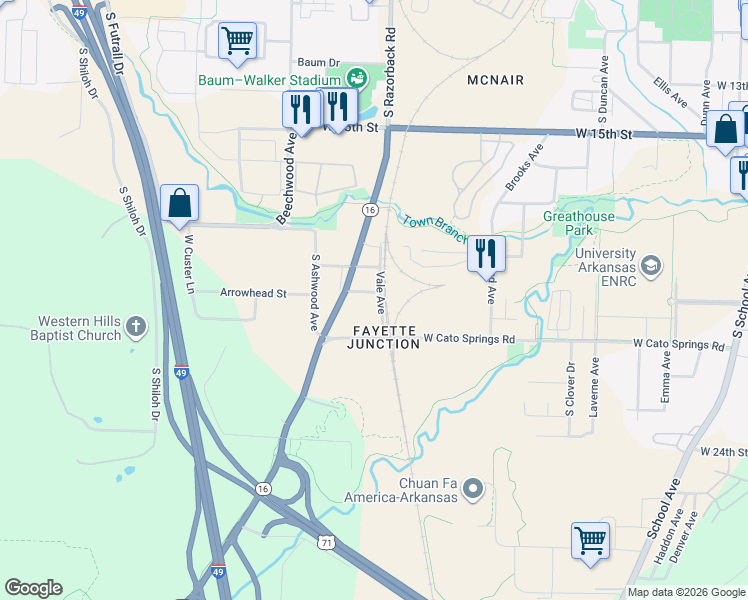 map of restaurants, bars, coffee shops, grocery stores, and more near 1438 West Cato Springs Road in Fayetteville