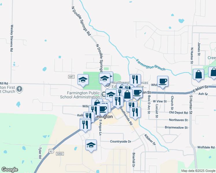 map of restaurants, bars, coffee shops, grocery stores, and more near 14 North Double Springs Road in Farmington