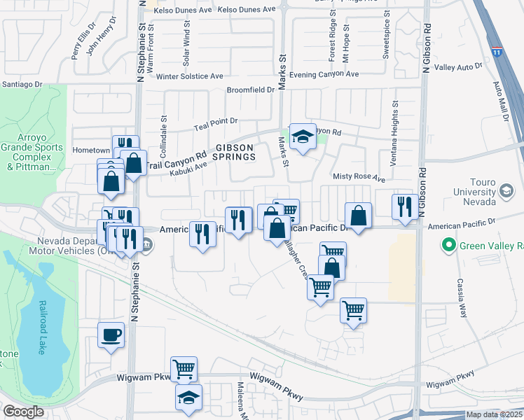 map of restaurants, bars, coffee shops, grocery stores, and more near 201 Crown Imperial Street in Henderson