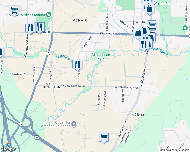 map of restaurants, bars, coffee shops, grocery stores, and more near 2035 Cline Avenue in Fayetteville