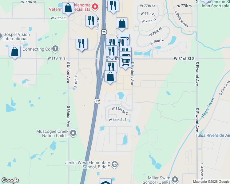 map of restaurants, bars, coffee shops, grocery stores, and more near 8409 South Olympia Avenue West in Tulsa