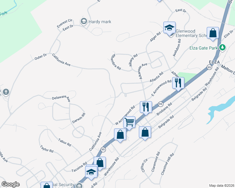 map of restaurants, bars, coffee shops, grocery stores, and more near 131 California Avenue in Oak Ridge