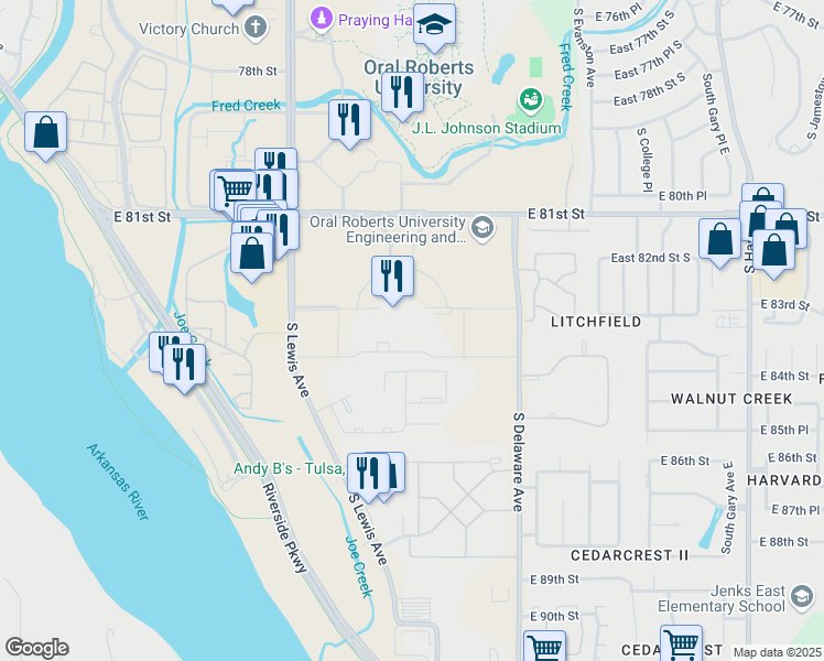 map of restaurants, bars, coffee shops, grocery stores, and more near 2488 East 81st Street in Tulsa