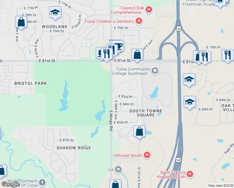 map of restaurants, bars, coffee shops, grocery stores, and more near 8338 South 98th East Avenue in Tulsa