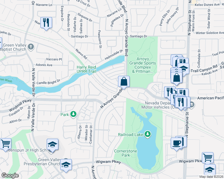 map of restaurants, bars, coffee shops, grocery stores, and more near 199 North Arroyo Grande Boulevard in Henderson
